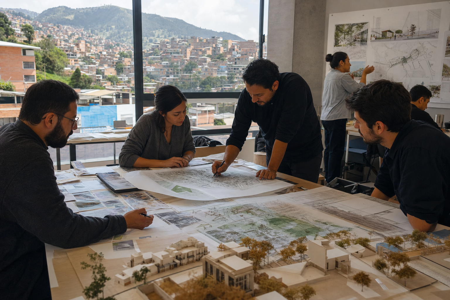Architects, engineers, and urban designers collaborate around models, sketches, and community feedback in a sunlit planning studio.