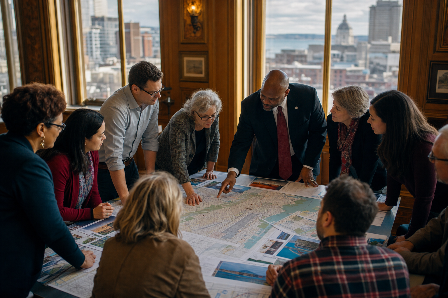 Civic leaders, planners, and residents gather around maps and plans in a historic city hall, aligning on a shared vision for their community.
