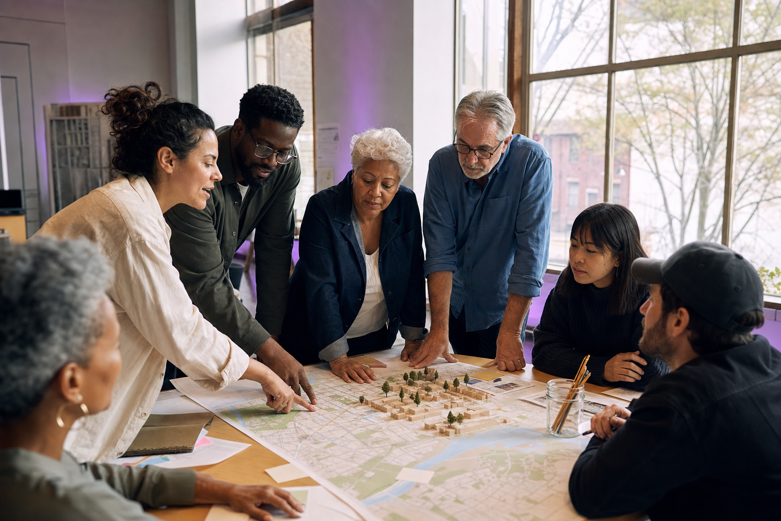 Residents, developers, and civic leaders collaborating around a shared community map.