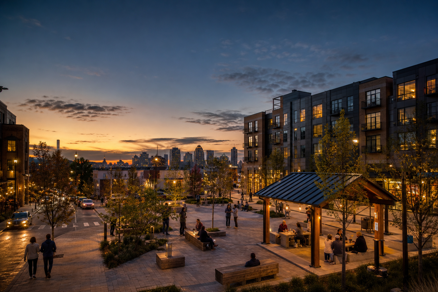 Revitalized neighborhood plaza at dusk where residents gather in a remade public place