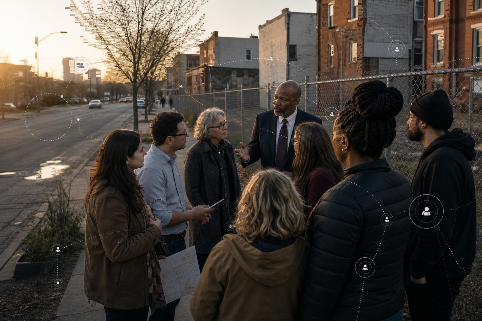 Neighbors and planners notice civic signals on a city sidewalk, with soft diagram overlays of listening nodes and pulse rings