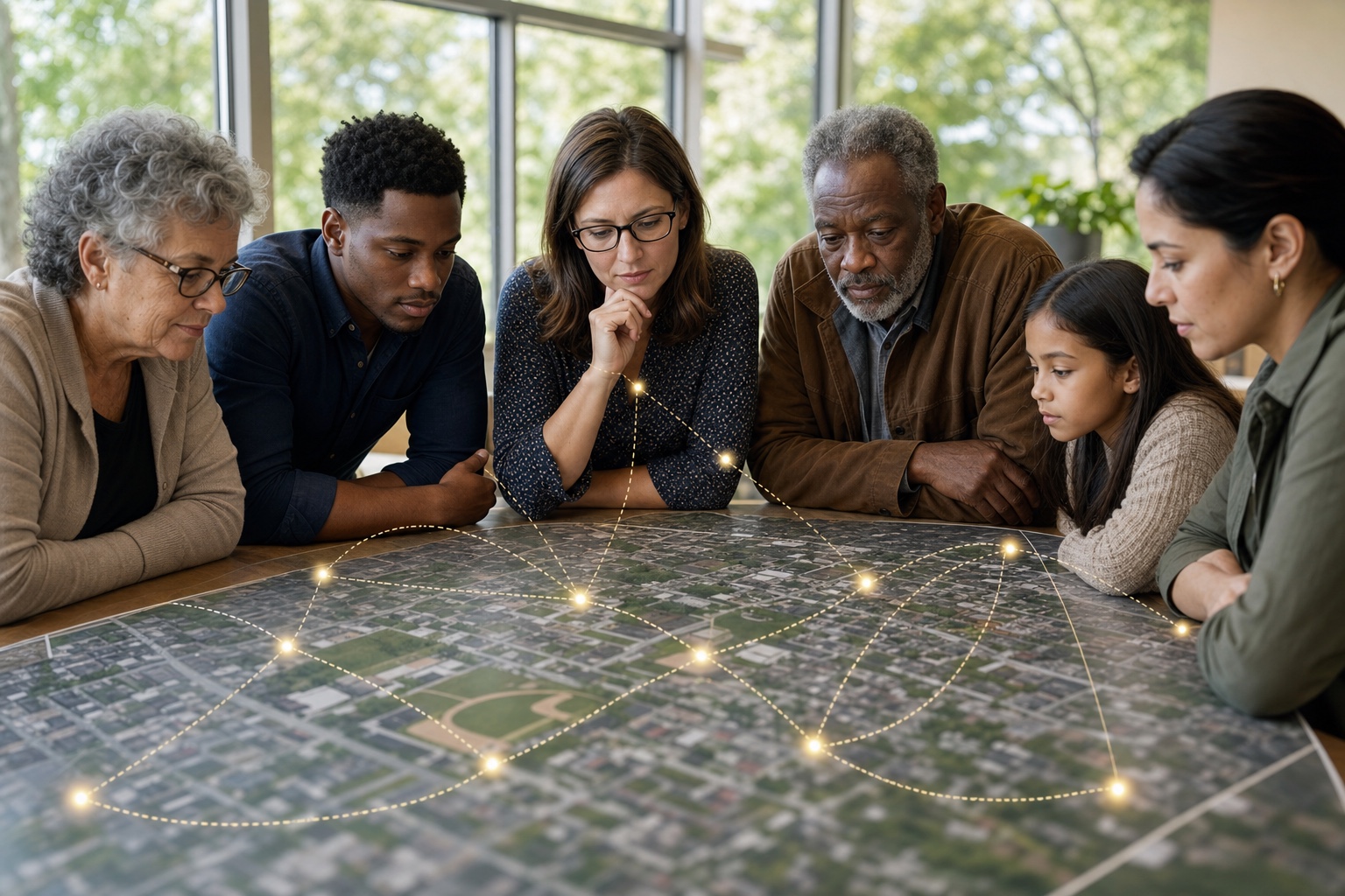 A diverse coalition aligns around a shared map, with illustrated relationship network lines woven into the scene