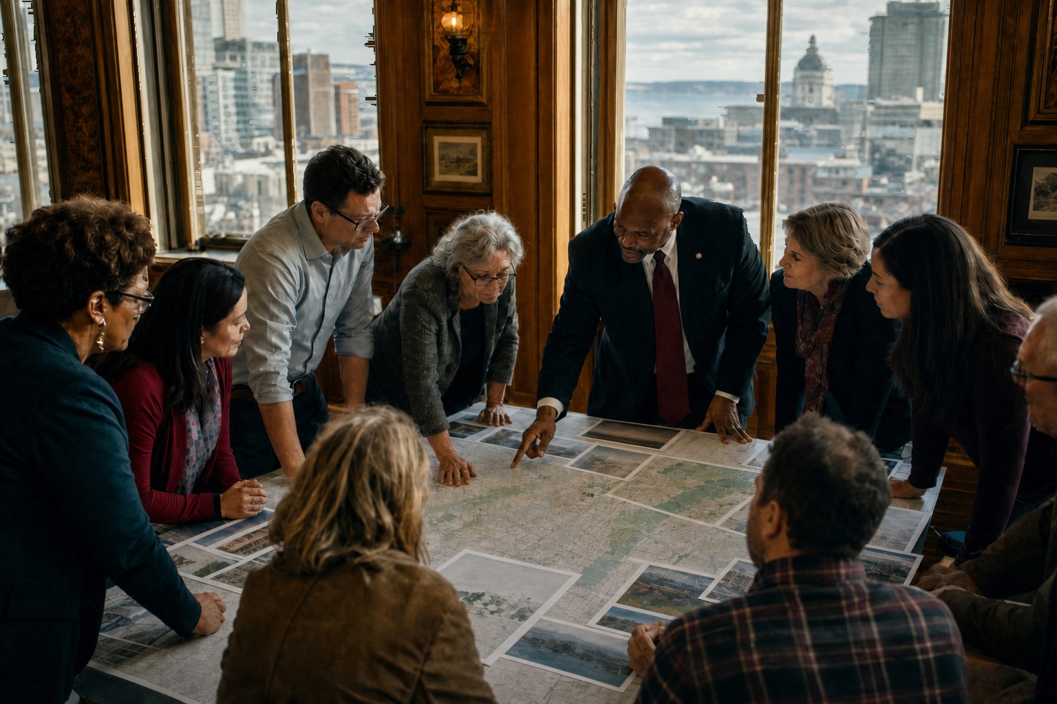 Civic leaders gather in a hall for consequential decision infrastructure, with structural accountability lattice illustrations