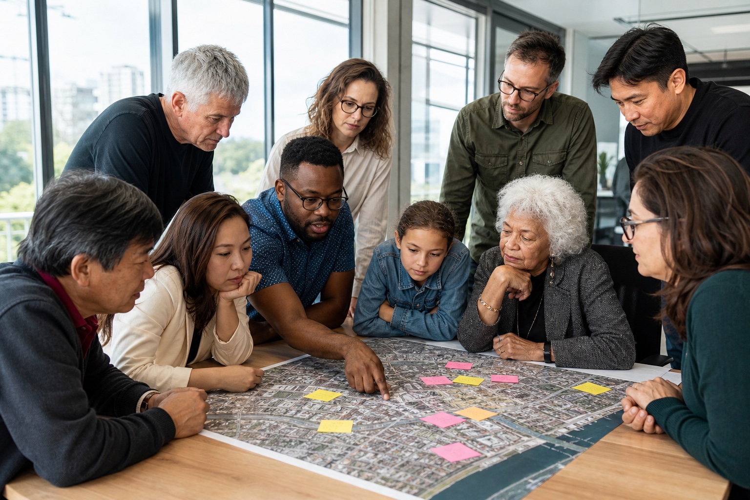 Leaders study connected insights and pattern maps, with constellation-like intelligence threads illustrated across the boards