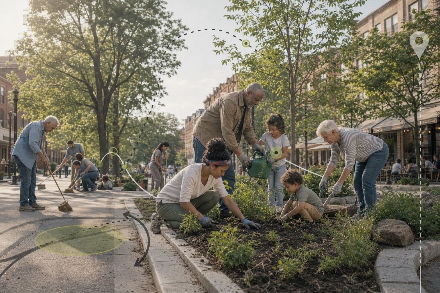 Neighbors take responsible action improving a streetscape, with soft site-mark and action diagram overlays