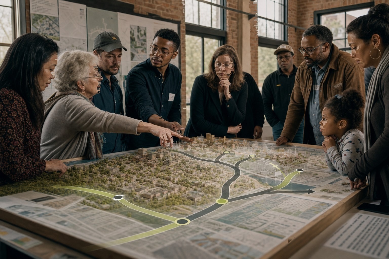 Planners explore alternate futures over a city model, with branching scenario pathway illustrations across the table