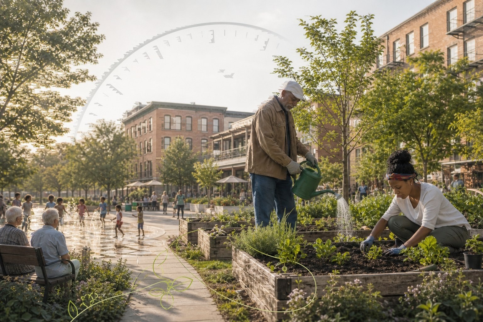 Community stewards track commitments over time in a shared garden, with stewardship clock and seasonal arc illustrations