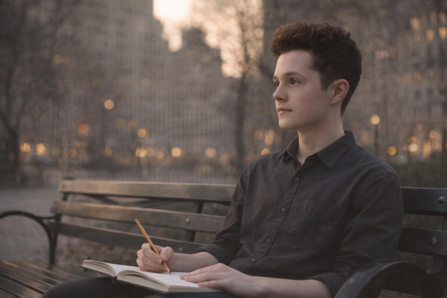Seventeen-year-old Alex at dawn with sketchbook in a quiet city park — the moment before learning to see becomes stewardship