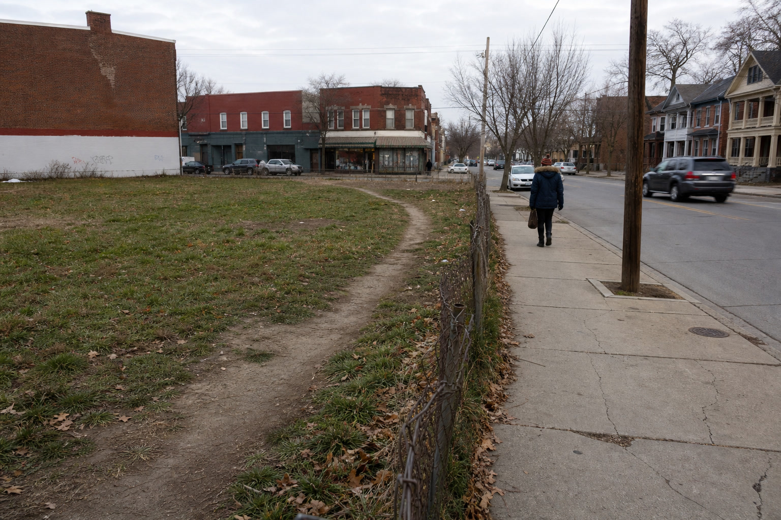 A worn desire path crosses a vacant neighborhood lot beside the sidewalk — ordinary ways into place-based work