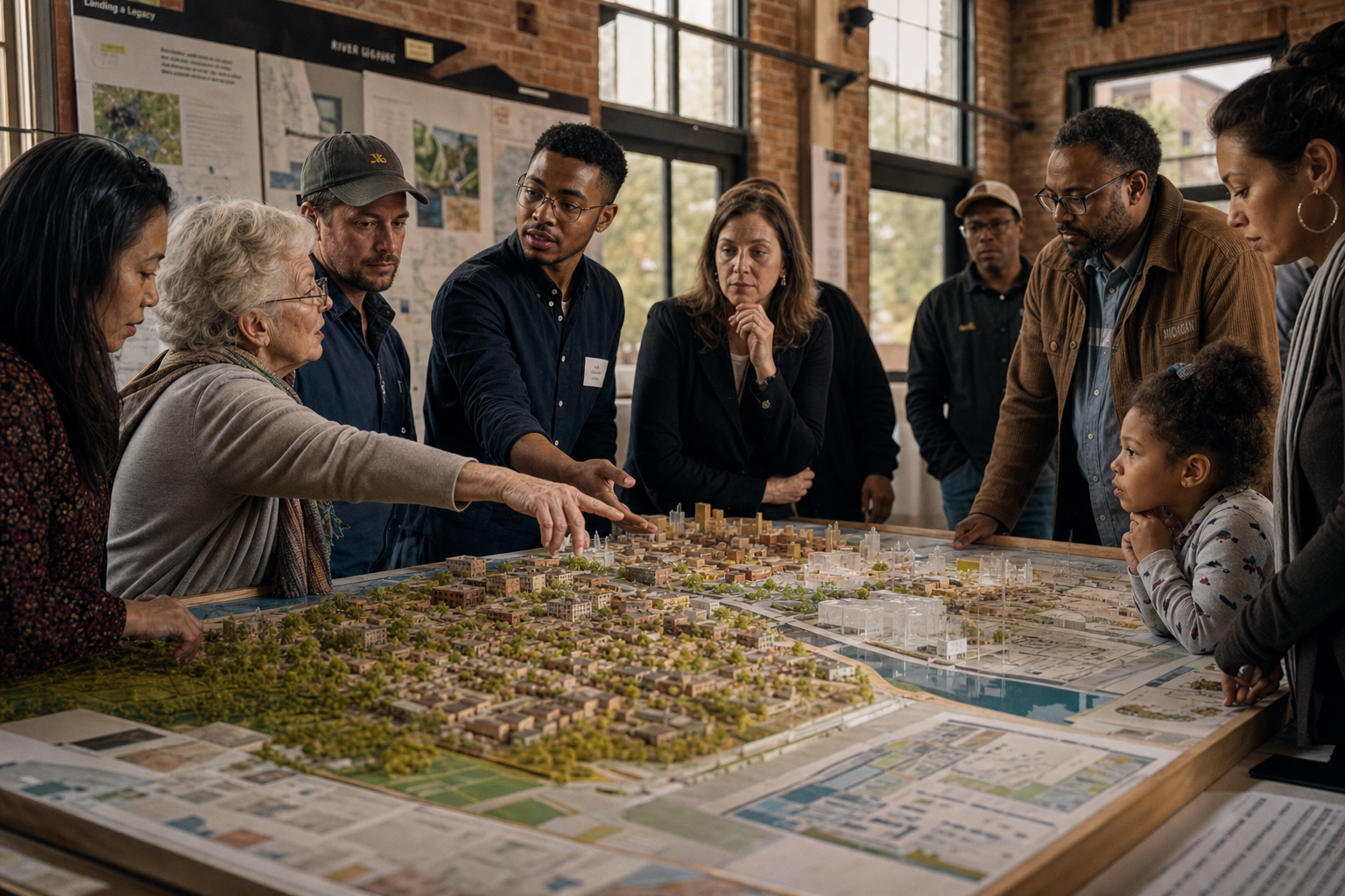 A diverse community gathered around a physical town model during a public planning session, listening and collaborating over their shared future.
