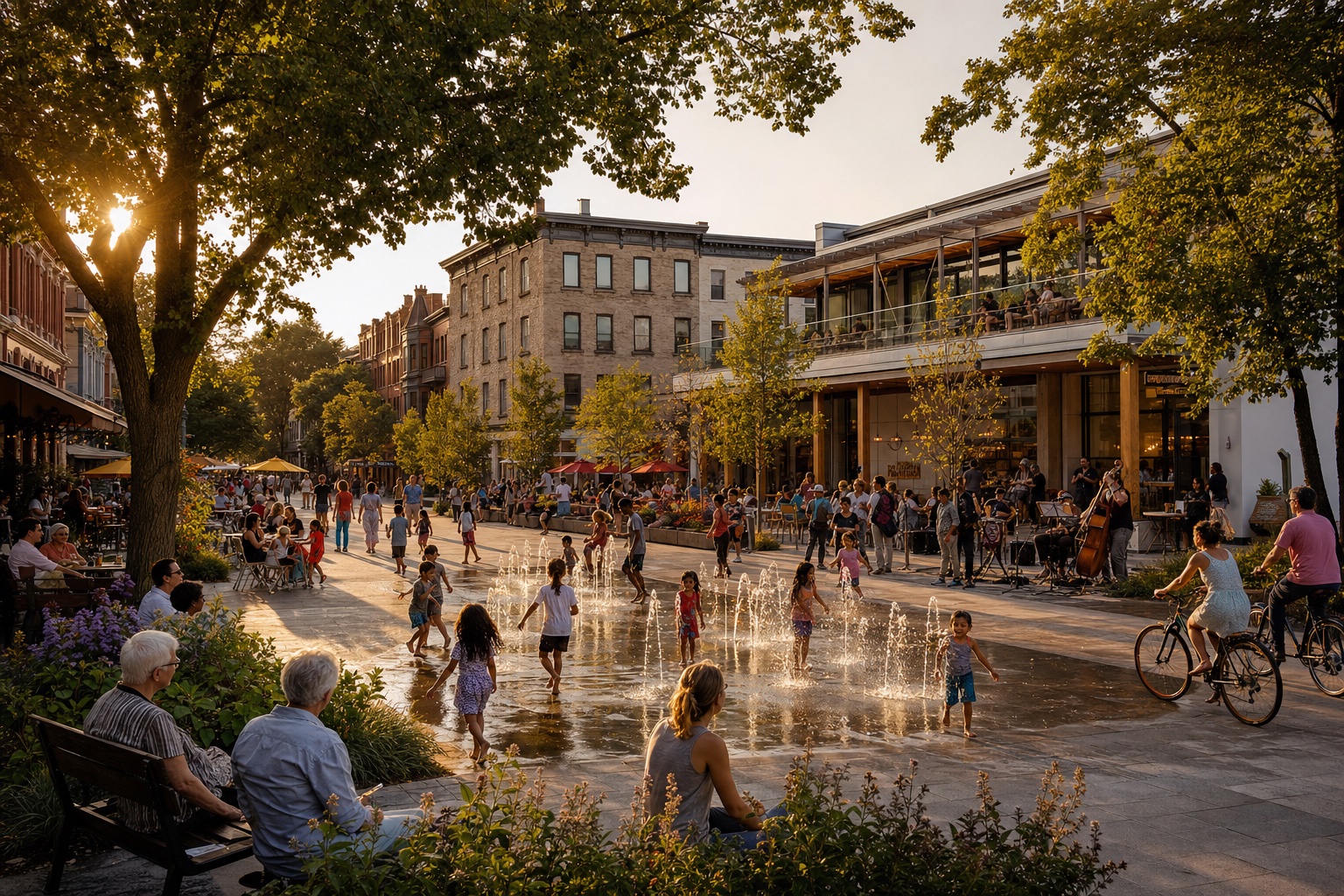 Golden-hour celebration in a thriving mixed-use town square where generations gather, play, dine, and linger among historic and contemporary buildings — a lived community flourishing.