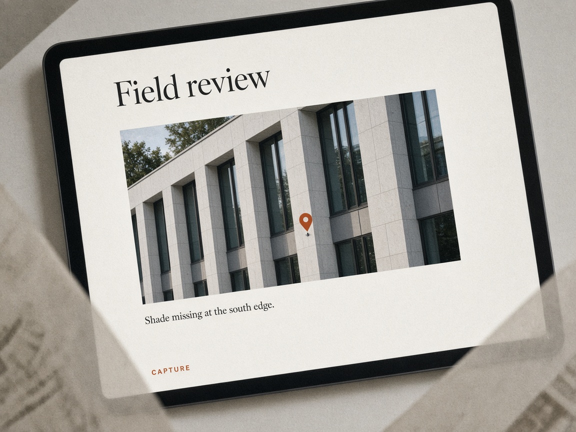 Close view of a field review screen pinning a note on a building façade