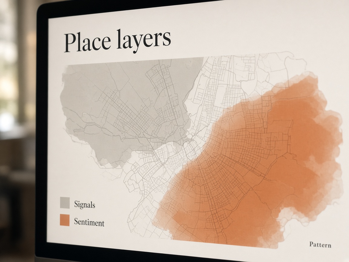 Close view of a place-layers map with signals and sentiment washes