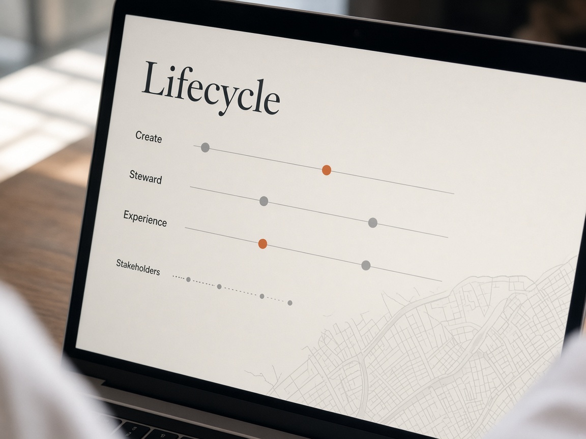 Close view of a lifecycle screen with Create, Steward, and Experience lanes over a street map