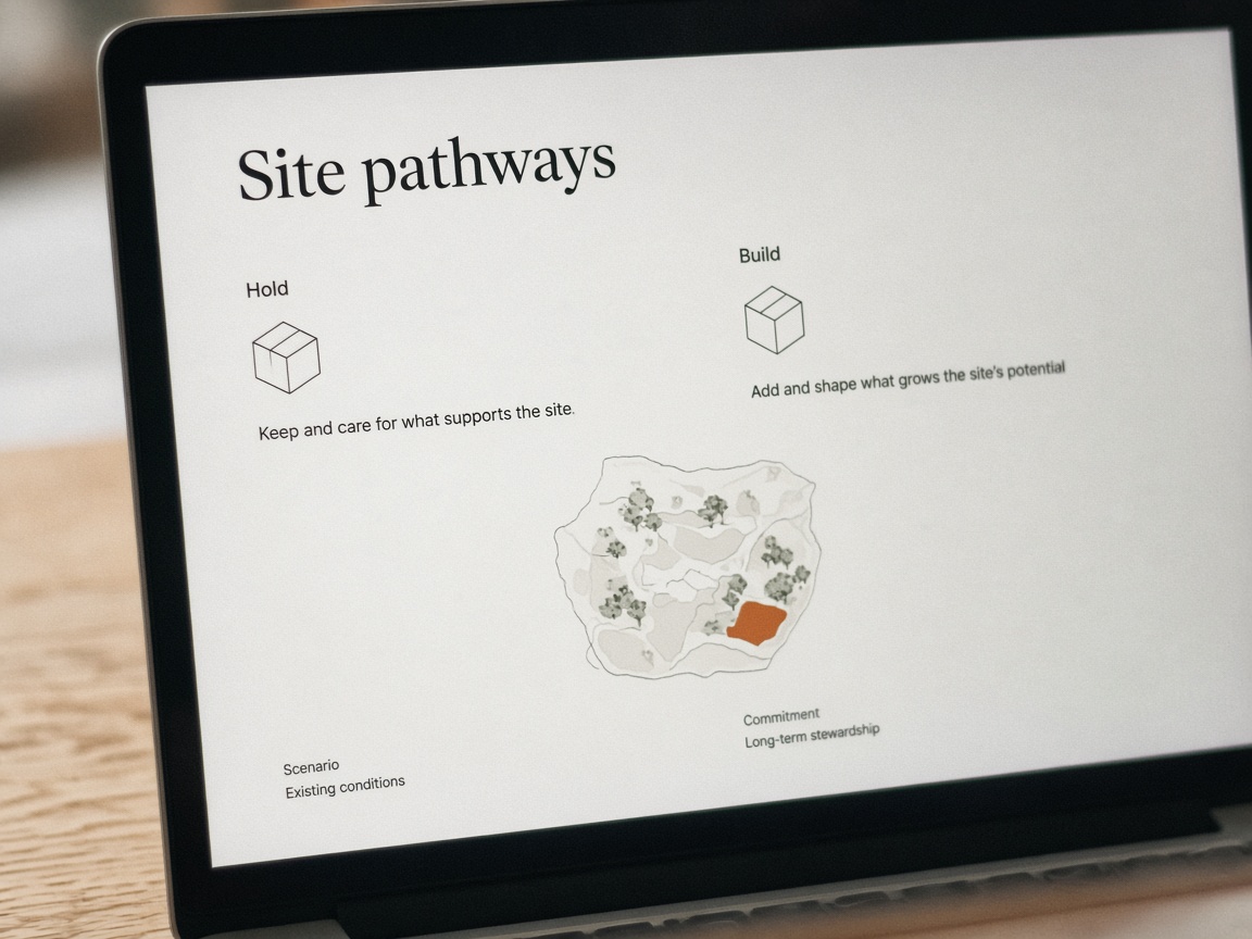 Close view of a site pathways screen comparing hold and build on a parcel map
