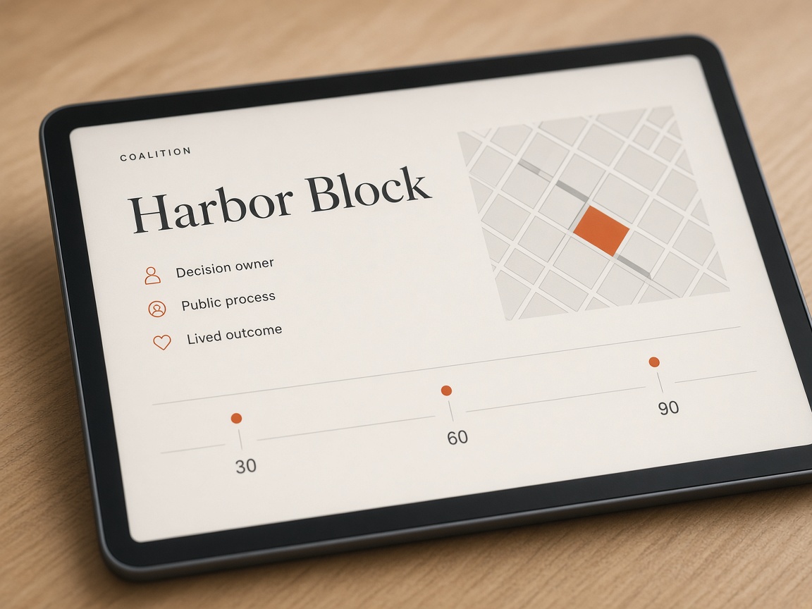Close view of a coalition screen for Harbor Block, with a place map and 30, 60, and 90 checkpoints