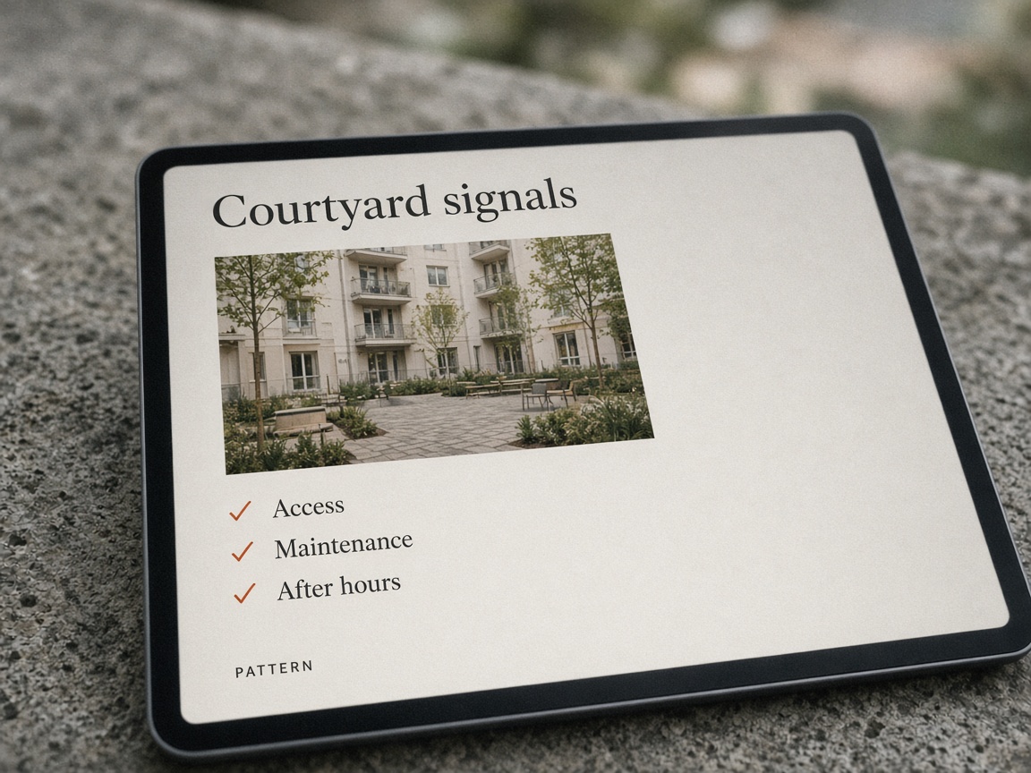 Close view of a courtyard signals screen listing access, maintenance, and after-hours patterns
