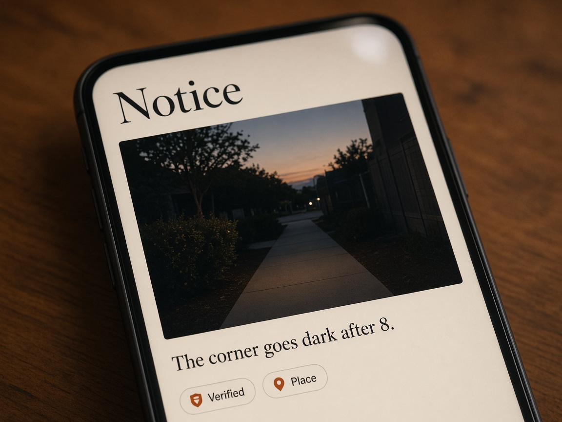 Close view of a Notice card: a dusk sidewalk and the line “The corner goes dark after 8.”