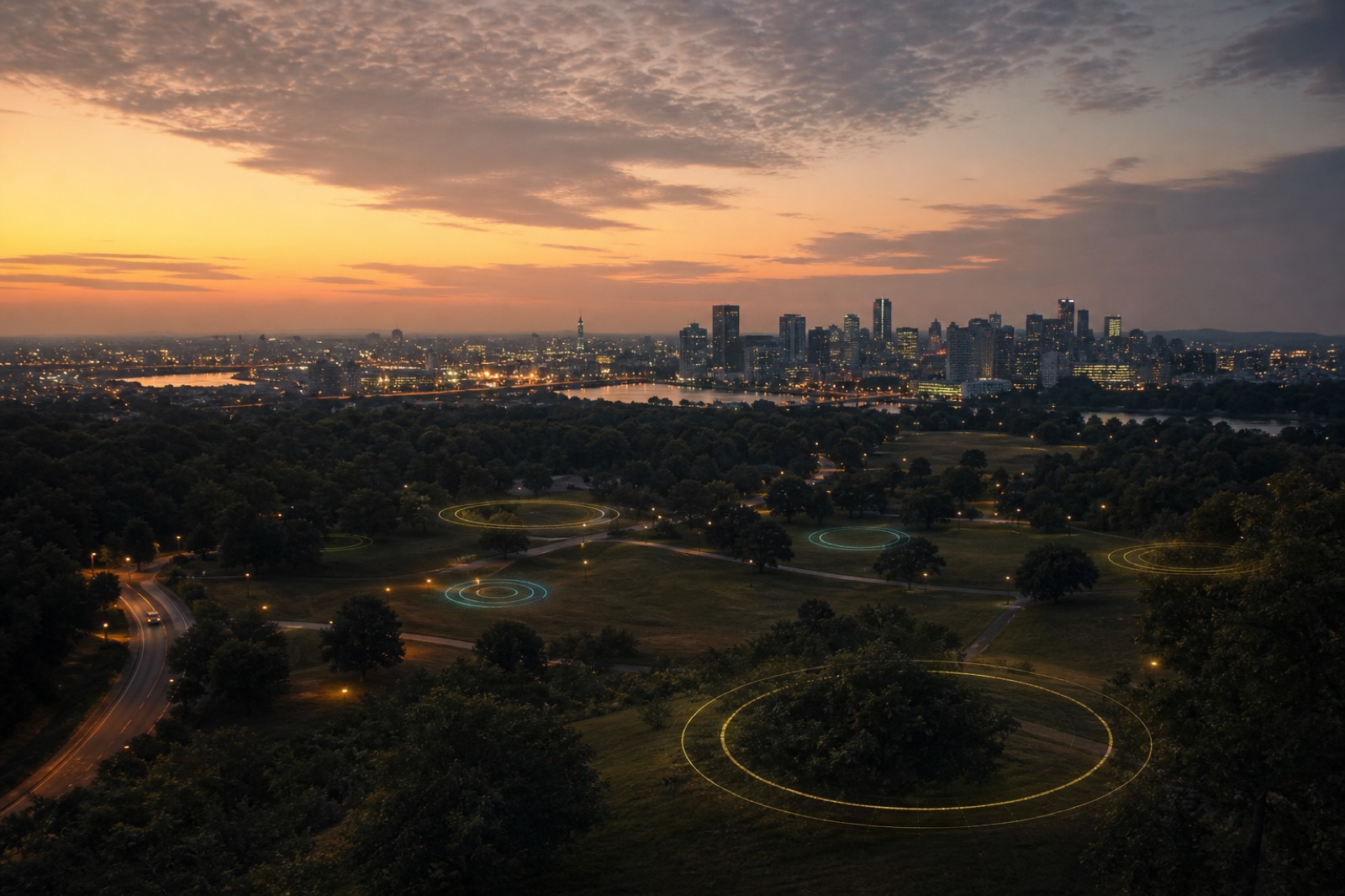A city park at dusk with field-capture rings marking places on the ground