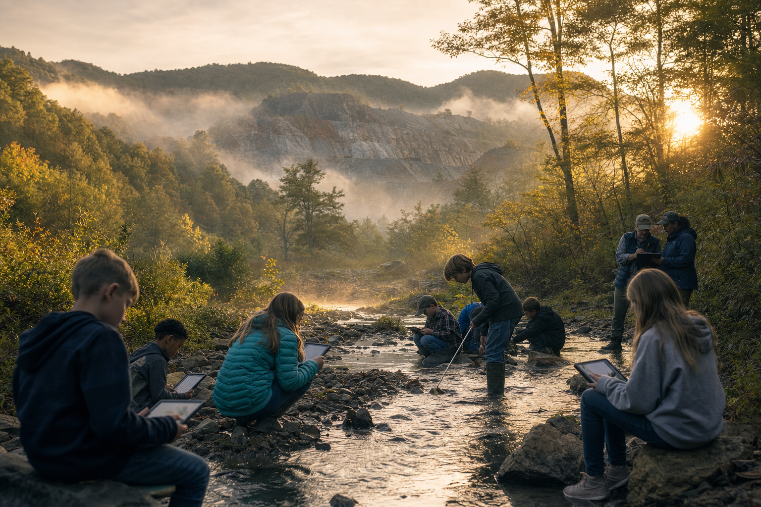 Young people studying a river in a forested mountain watershed