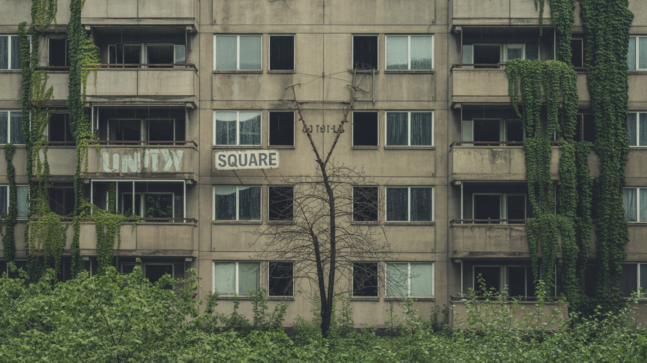 Unity Square before — neglected concrete facade