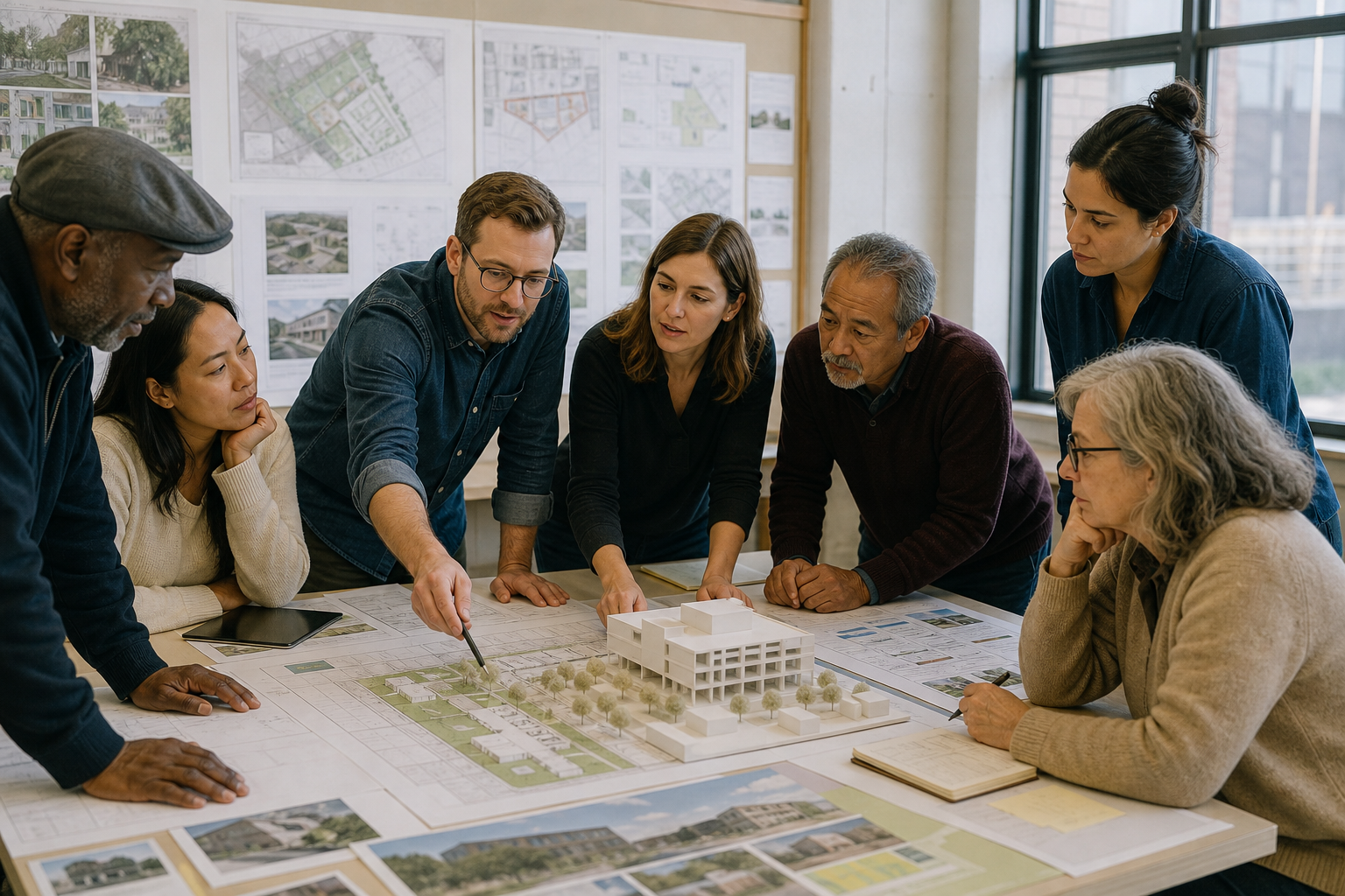 A design charrette around a building model, plans, and a tablet