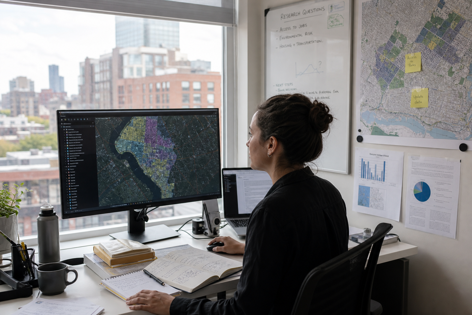 An analyst reading place layers on a map beside a window