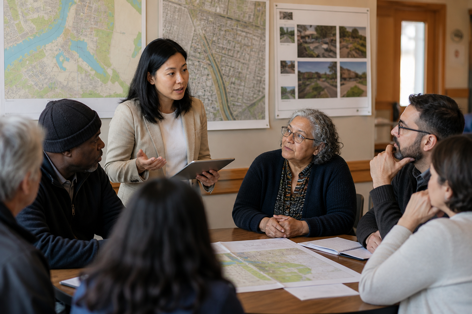 A planner holding a tablet while a coalition reviews neighborhood maps