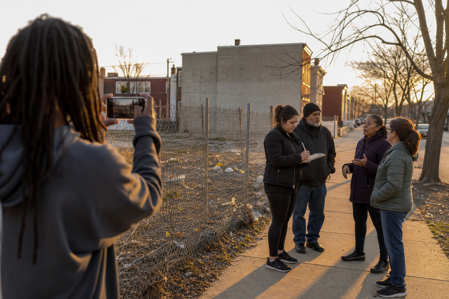 A neighbor photographing a vacant lot while others take notes on the sidewalk